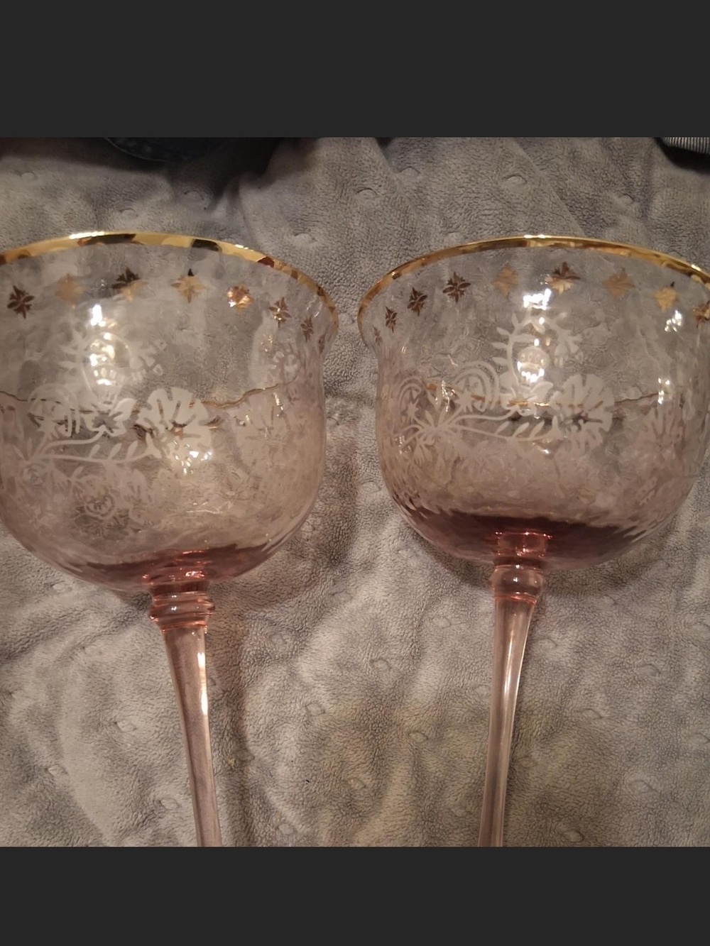 Vintage Pink Etched Glass Goblets with Gold Rim - Elegant Home Accents